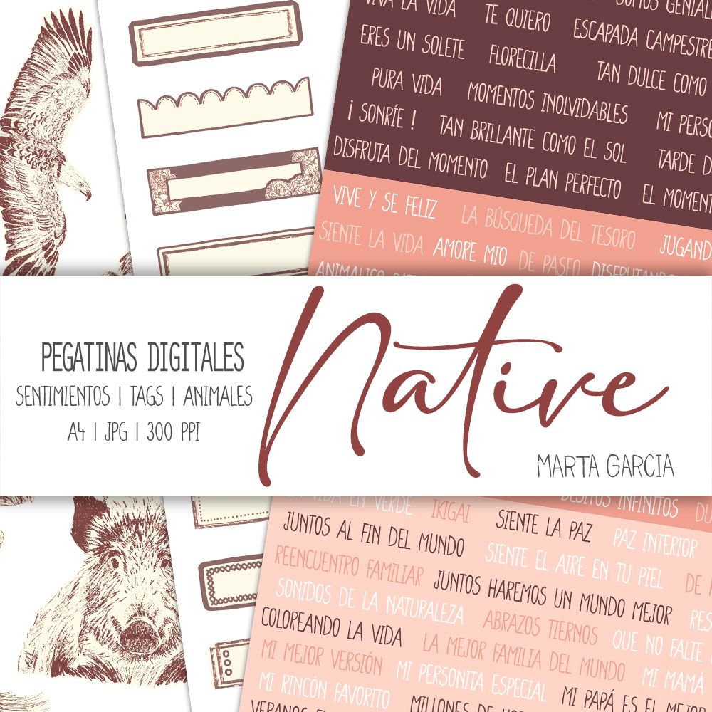 Pegatinas Recortables NATIVE – Sentimientos, Animales y Tags | Descargables para Scrapbooking y Manualidades